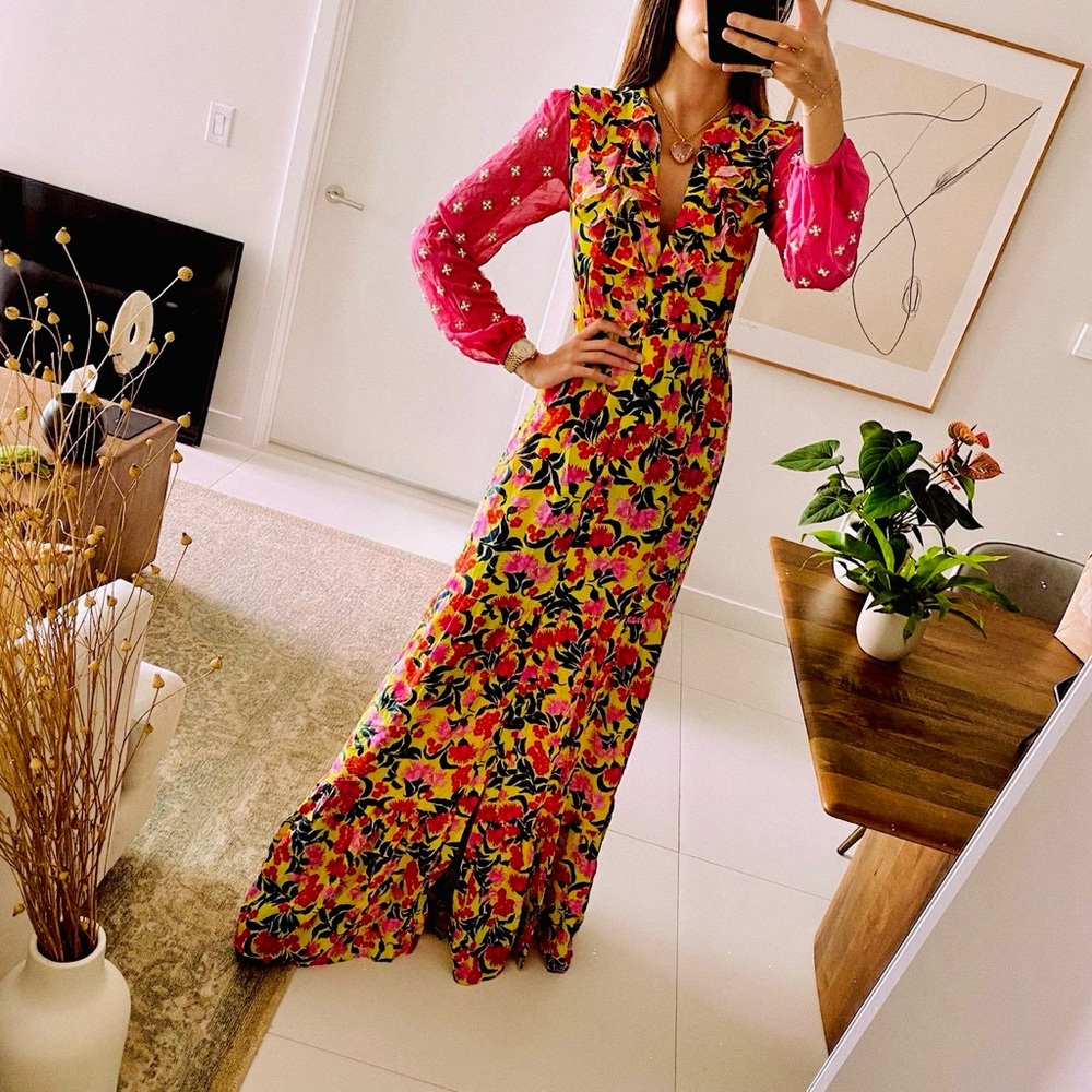 Saloni Silk 🌼 Floral Pearl Embellished Ginny Dress in Azalea 🌸 Size US 2 🌼 UK 6